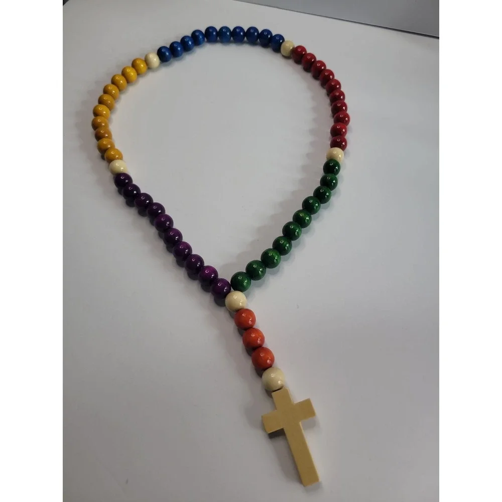 Multicolor Beaded Cross Necklace Chunky Rainbow Boho Statement Pendant